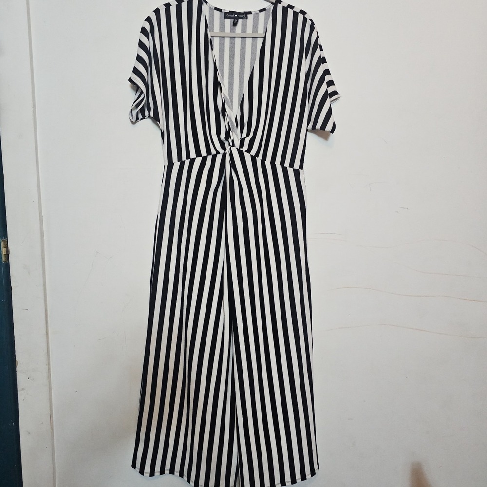 Derek Heart Plus Womens 2x Striped Jumpsuit Festival Wide Leg Black White Stripe
